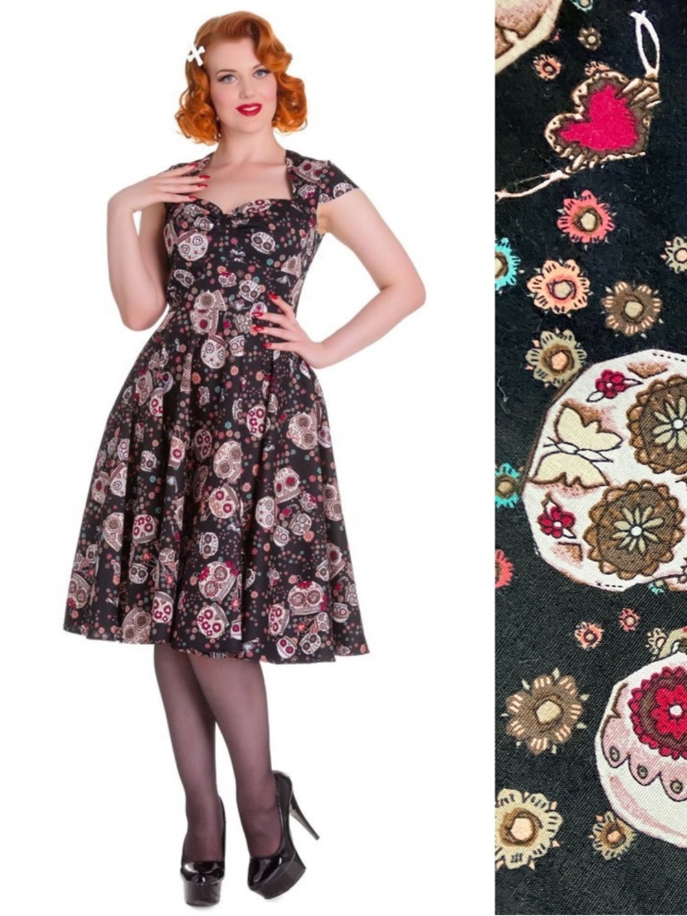 Hell Bunny Sugar Skulls Sasha Swing Dress in Black Medium